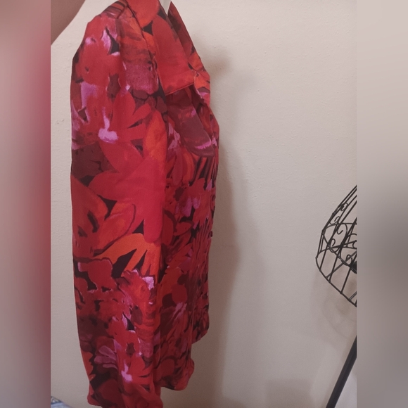 Red and Pink Puff Sleeve Blouse with Notched Collar - Picture 8 of 14